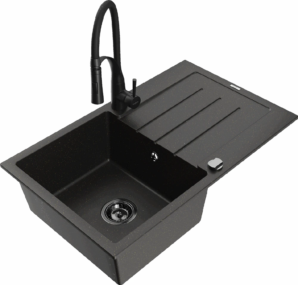Granitinė virtuvinė plautuvė Mexen Bruno su maišytuvu ir sifonu, Metallic juodas/auksinis+Juodas