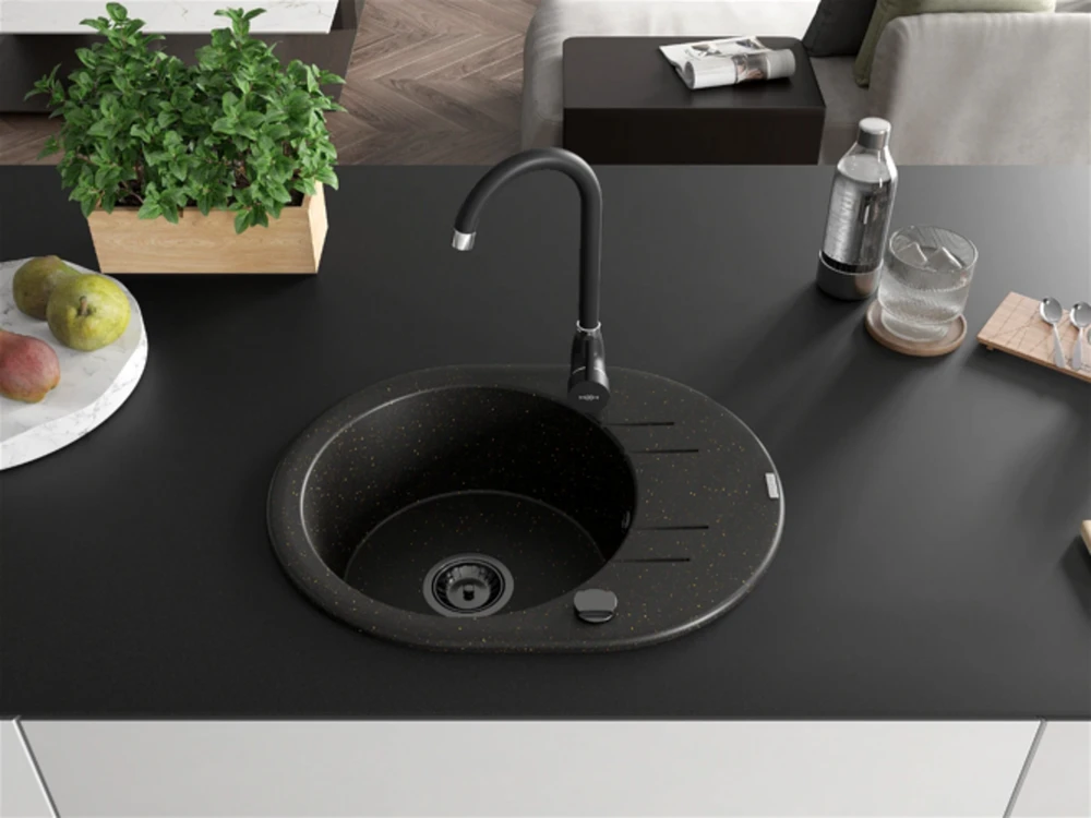 Granitinė virtuvinė plautuvė Mexen Kevin su maišytuvu ir sifonu, Metallic juodas/auksinis+Juodas(B)