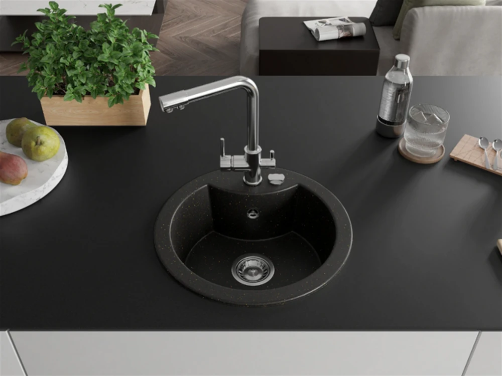 Granitinė virtuvinė plautuvė Mexen Diego su maišytuvu ir sifonu, Metallic juodas/auksinis+Chrome