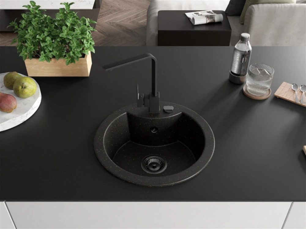 Granitinė virtuvinė plautuvė Mexen Diego su maišytuvu ir sifonu, Metallic juodas/auksinis+Juodas(B)