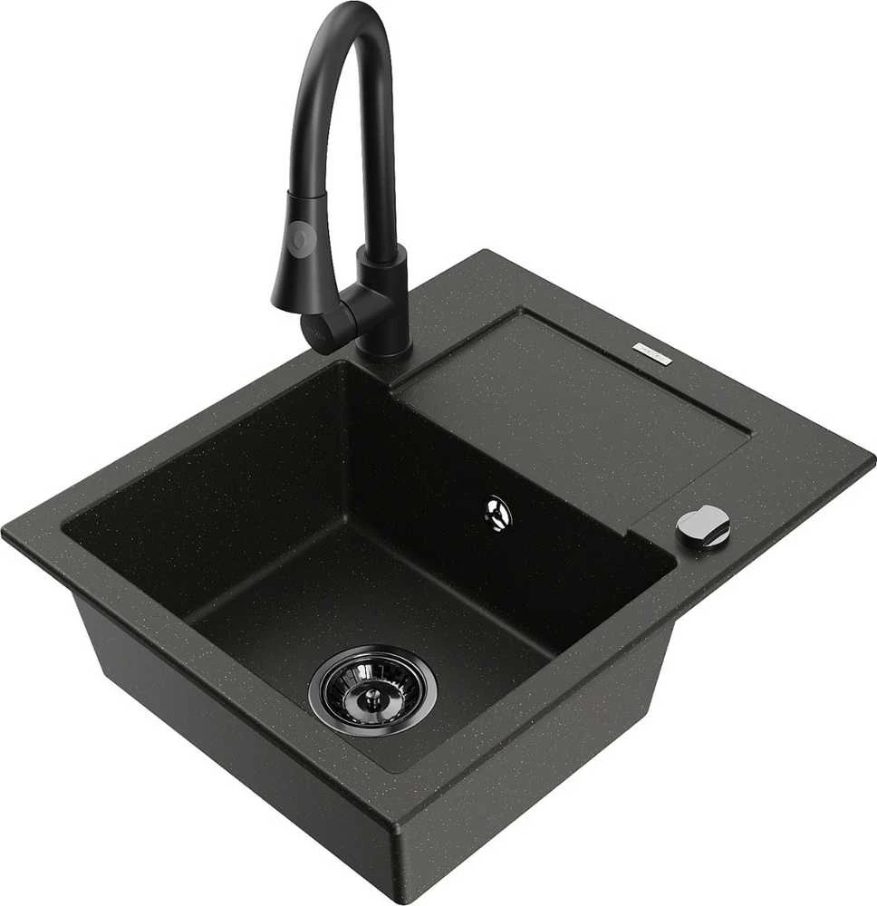 Granitinė virtuvinė plautuvė Mexen Enzo su maišytuvu ir sifonu, Metallic juodas/auksinis+Juodas