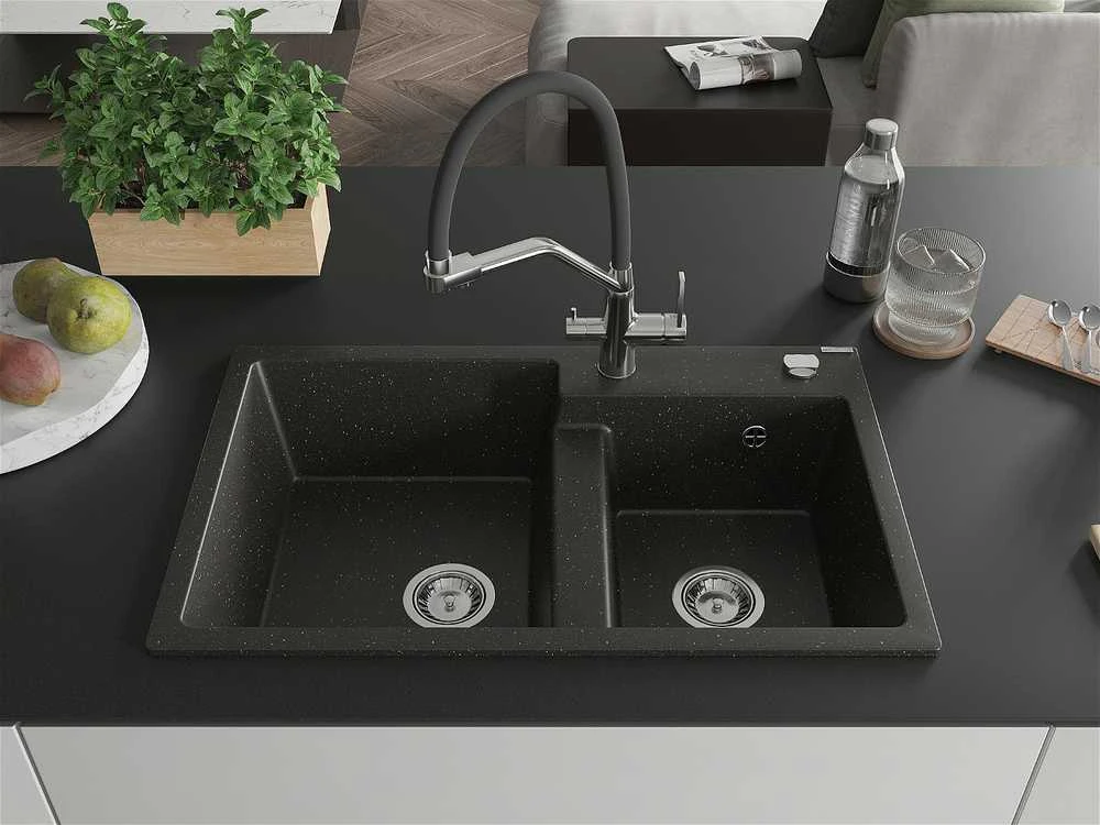 Granitinė virtuvinė plautuvė Mexen Tomas su maišytuvu ir sifonu, Metallic juodas/auksinis+Juodas/Chrome