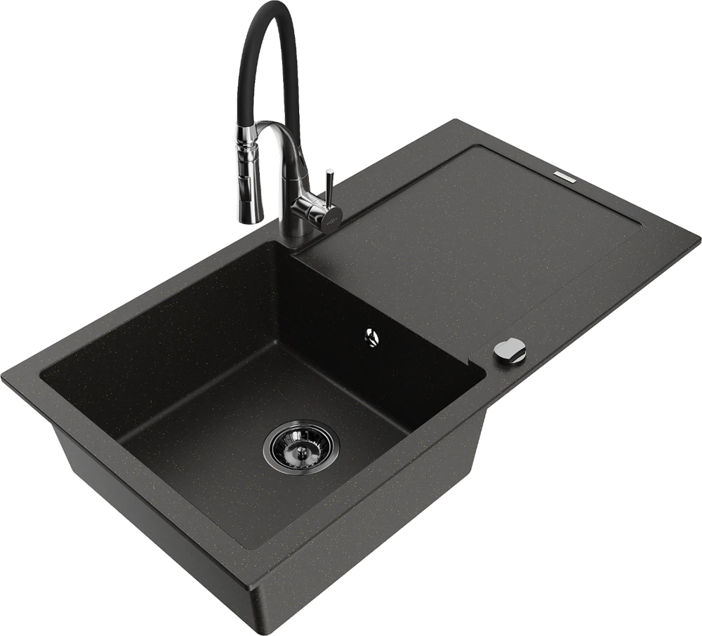 Granitinė virtuvinė plautuvė Mexen Leo su maišytuvu ir sifonu, Metallic juodas/auksinis+Juodas/Chrome