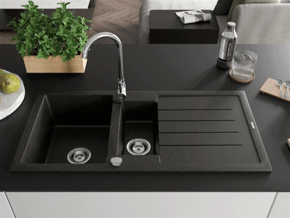 Granitinė virtuvinė plautuvė Mexen Andres su maišytuvu ir sifonu, Metallic juodas/auksinis+Chrome