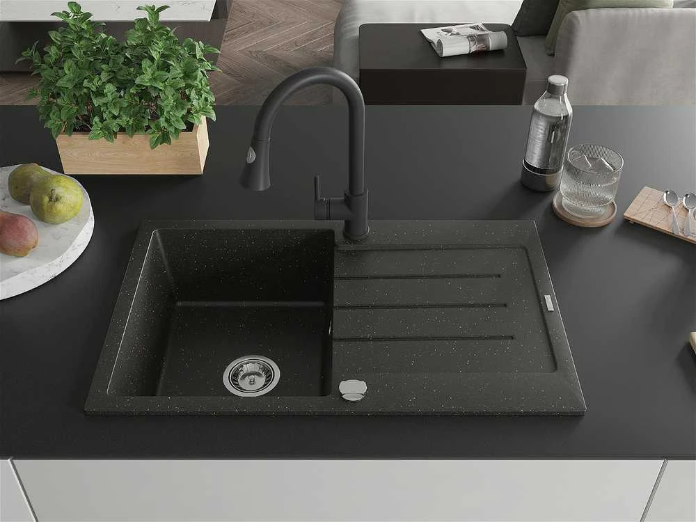 Granitinė virtuvinė plautuvė Mexen Bruno su maišytuvu ir sifonu, Metallic juodas/auksinis+Juodas