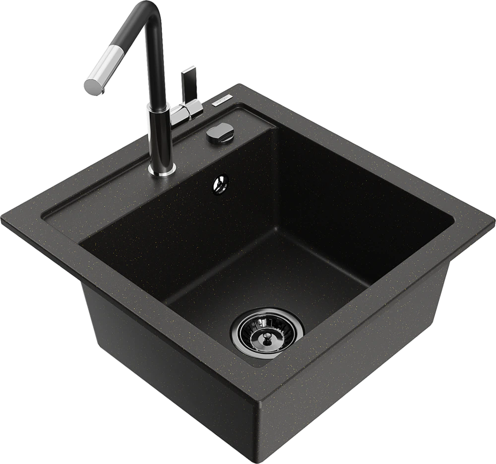 Granitinė virtuvinė plautuvė Mexen Vito su maišytuvu ir sifonu, Metallic juodas/auksinis+Juodas/Chrome
