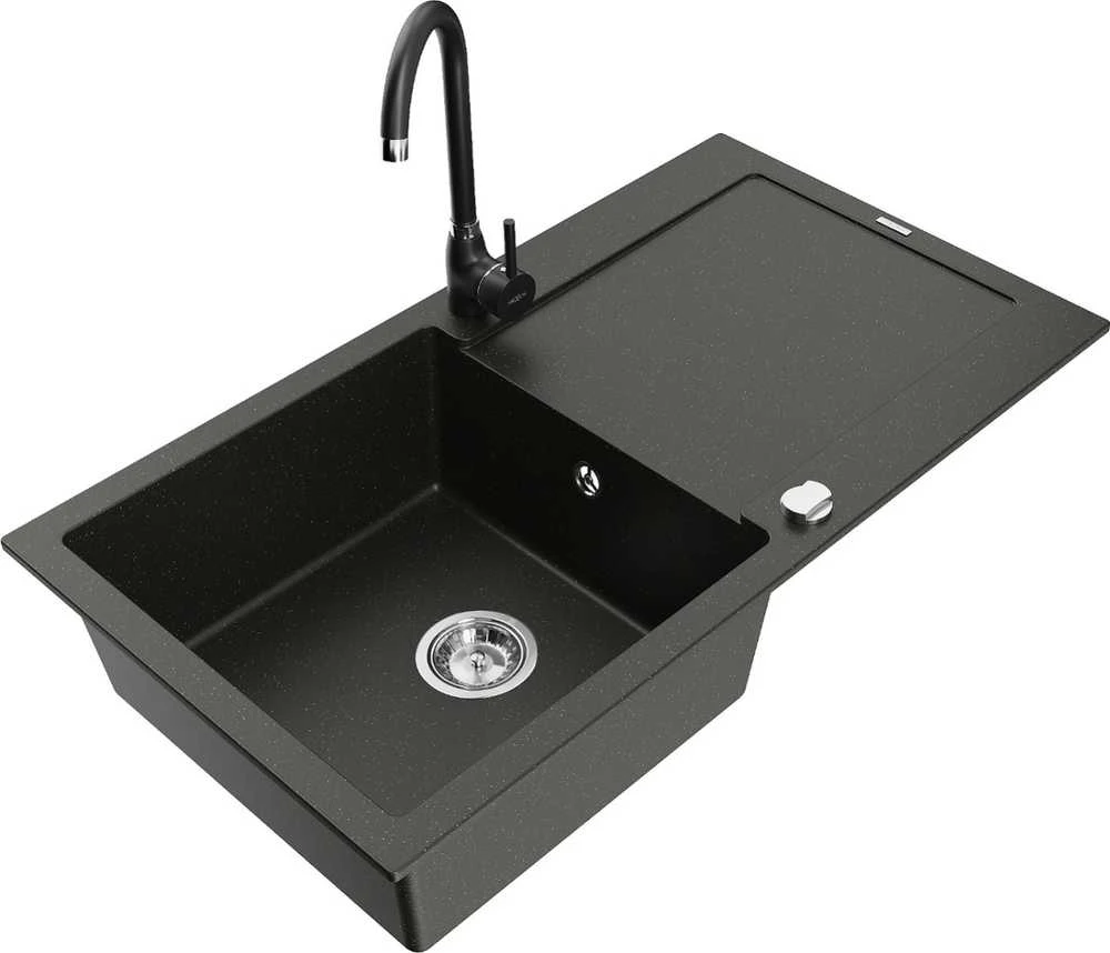 Granitinė virtuvinė plautuvė Mexen Leo su maišytuvu ir sifonu, Metallic juodas/auksinis+Juodas