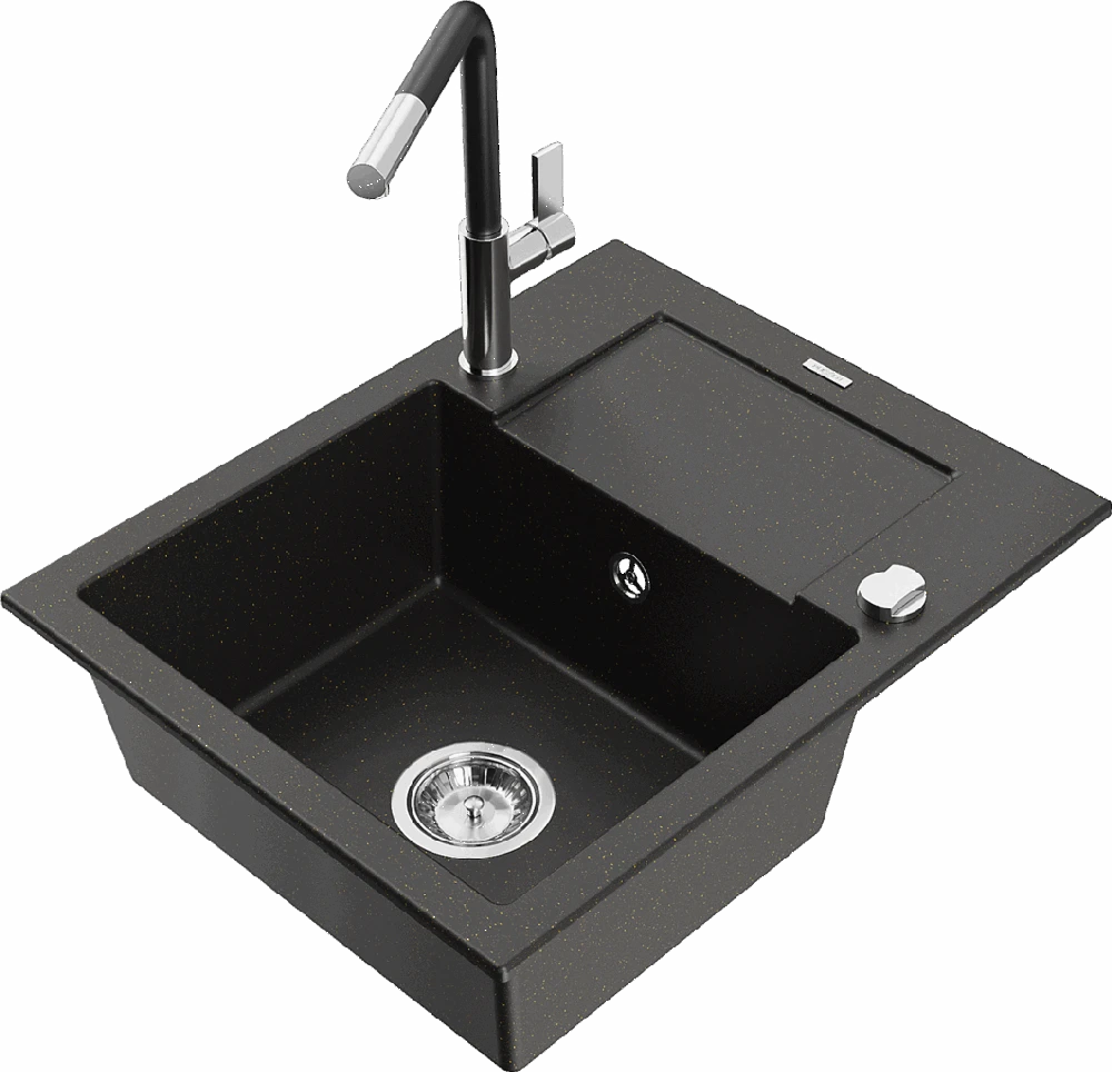 Granitinė virtuvinė plautuvė Mexen Enzo su maišytuvu ir sifonu, Metallic juodas/auksinis+Juodas/Chrome