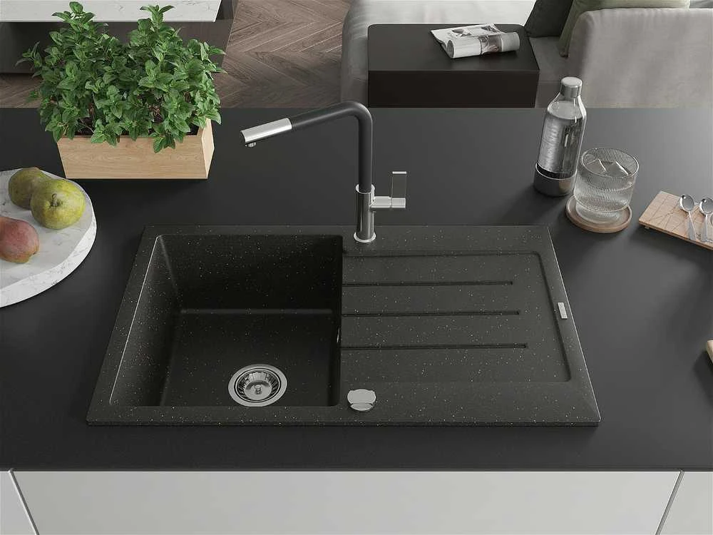 Granitinė virtuvinė plautuvė Mexen Bruno su maišytuvu ir sifonu, Metallic juodas/auksinis+Juodas/Chrome