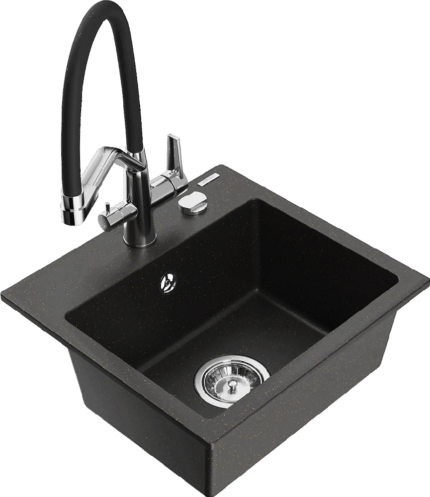 Granitinė virtuvinė plautuvė Mexen Milo su maišytuvu ir sifonu, Metallic juodas/auksinis+Juodas/Chrome