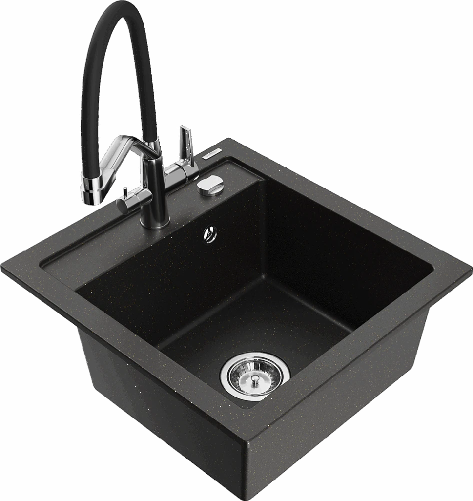 Granitinė virtuvinė plautuvė Mexen Vito su maišytuvu ir sifonu, Metallic juodas/auksinis+Juodas/Chrome
