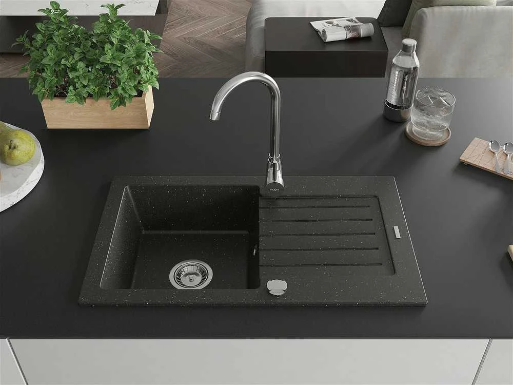 Granitinė virtuvinė plautuvė Mexen Pablo su sifonu, Metallic juodas/auksinis, 752 x 436 mm