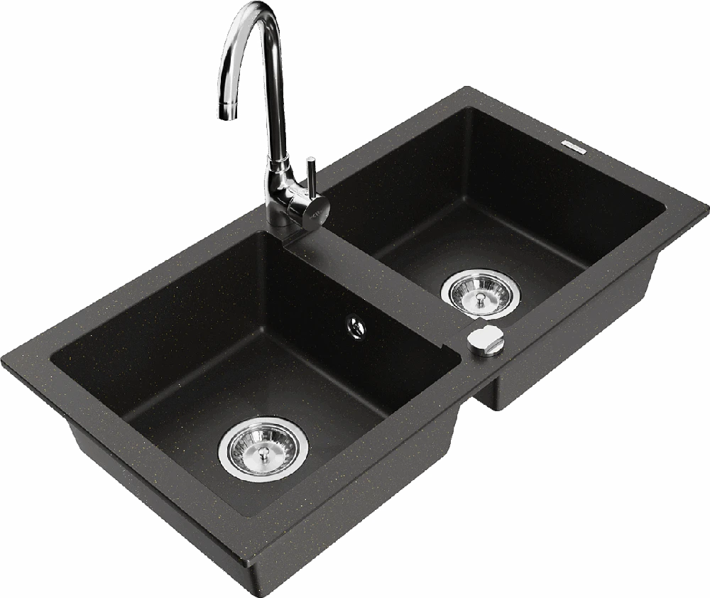Granitinė virtuvinė plautuvė Mexen Mario su maišytuvu ir sifonu, Metallic juodas/auksinis+Chrome