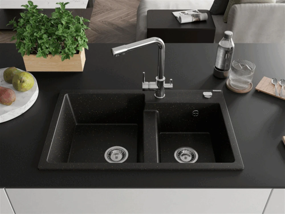 Granitinė virtuvinė plautuvė Mexen Tomas su maišytuvu ir sifonu, Metallic juodas/auksinis+Chrome