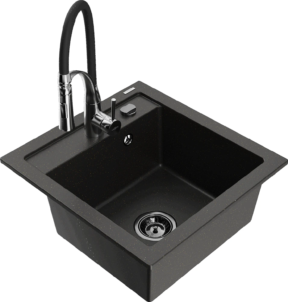 Granitinė virtuvinė plautuvė Mexen Vito su maišytuvu ir sifonu, Metallic juodas/auksinis+Juodas/Chrome