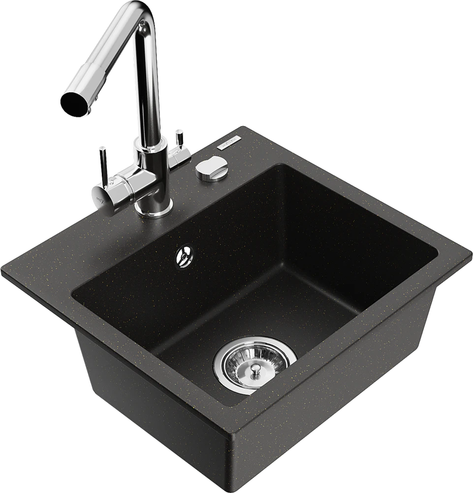 Granitinė virtuvinė plautuvė Mexen Milo su maišytuvu ir sifonu, Metallic juodas/auksinis+Chrome