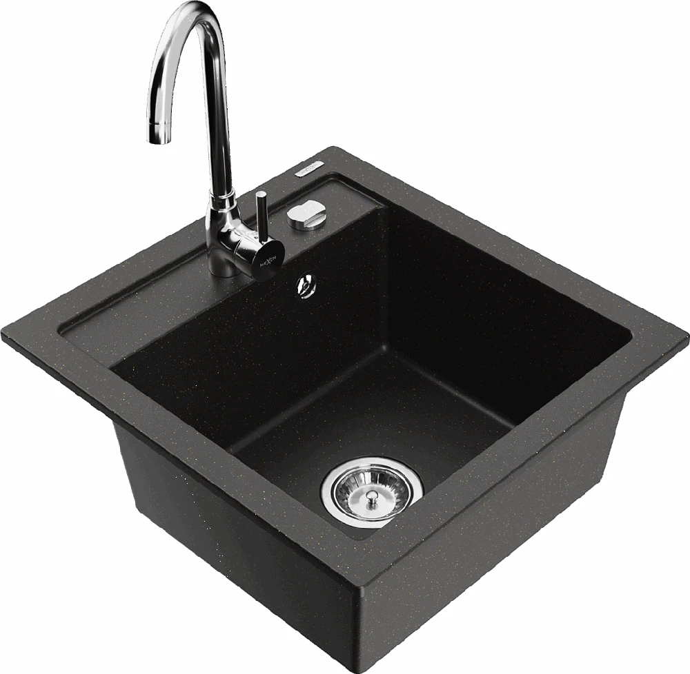 Granitinė virtuvinė plautuvė Mexen Vito su maišytuvu ir sifonu, Metallic juodas/auksinis+Chrome