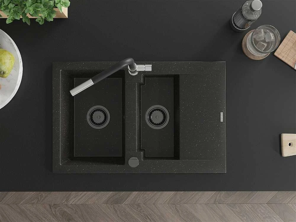 Granitinė virtuvinė plautuvė Mexen Gaspar su maišytuvu ir sifonu, Metallic juodas/auksinis+Juodas/Chrome