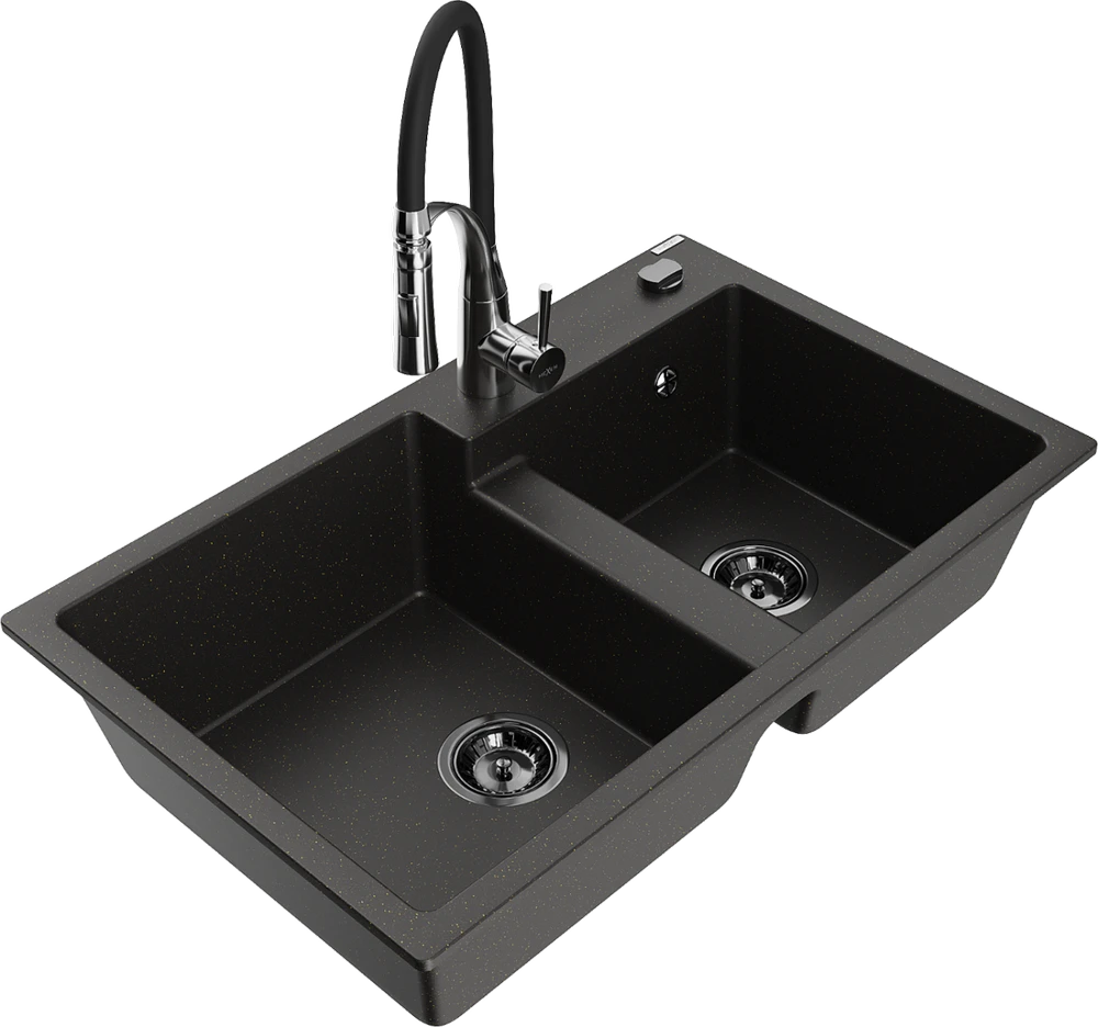 Granitinė virtuvinė plautuvė Mexen Tomas su maišytuvu ir sifonu, Metallic juodas/auksinis+Juodas/Chrome