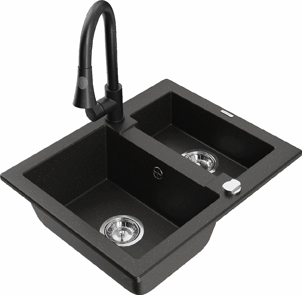 Granitinė virtuvinė plautuvė Mexen Carlos su maišytuvu ir sifonu, Metallic juodas/auksinis+Juodas