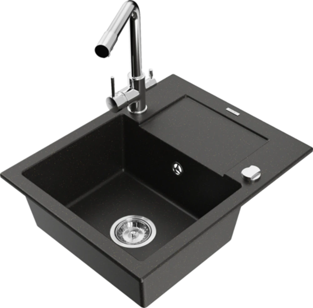 Granitinė virtuvinė plautuvė Mexen Enzo su maišytuvu ir sifonu, Metallic juodas/auksinis+Chrome