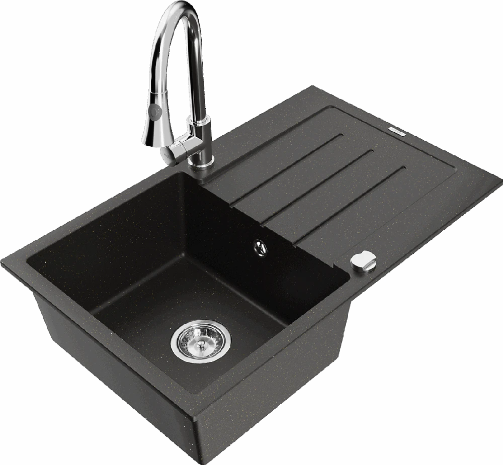 Granitinė virtuvinė plautuvė Mexen Bruno su maišytuvu ir sifonu, Metallic juodas/auksinis+Chrome