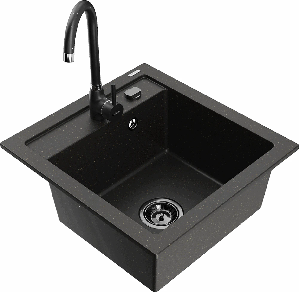 Granitinė virtuvinė plautuvė Mexen Vito su maišytuvu ir sifonu, Metallic juodas/auksinis+Juodas