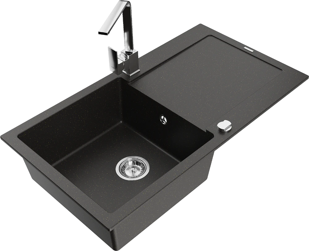 Granitinė virtuvinė plautuvė Mexen Leo su maišytuvu ir sifonu, Metallic juodas/auksinis+Chrome