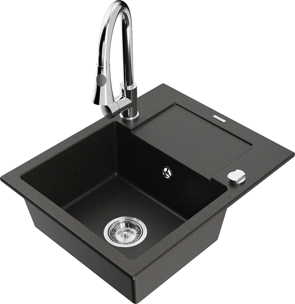 Granitinė virtuvinė plautuvė Mexen Enzo su maišytuvu ir sifonu, Metallic juodas/auksinis+Chrome