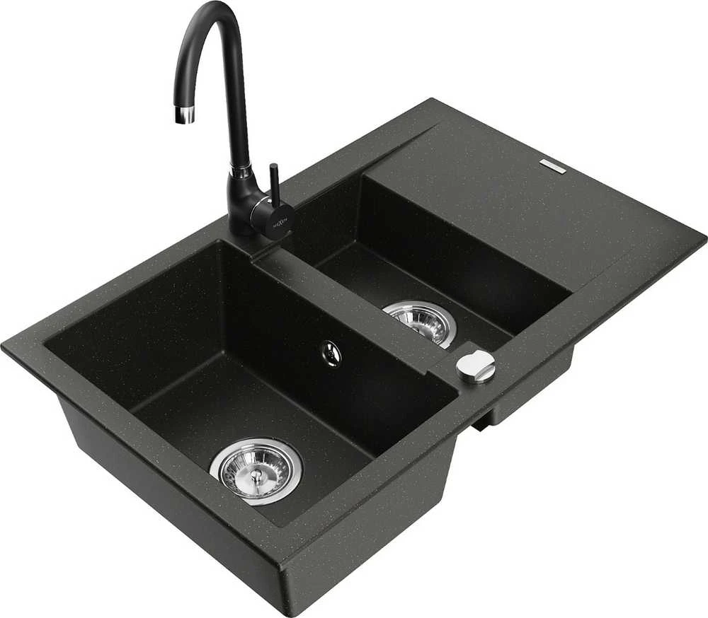 Granitinė virtuvinė plautuvė Mexen Gaspar su maišytuvu ir sifonu, Metallic juodas/auksinis+Juodas