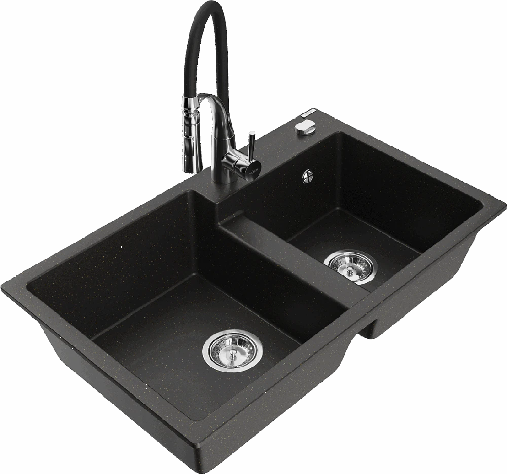 Granitinė virtuvinė plautuvė Mexen Tomas su maišytuvu ir sifonu, Metallic juodas/auksinis+Juodas/Chrome