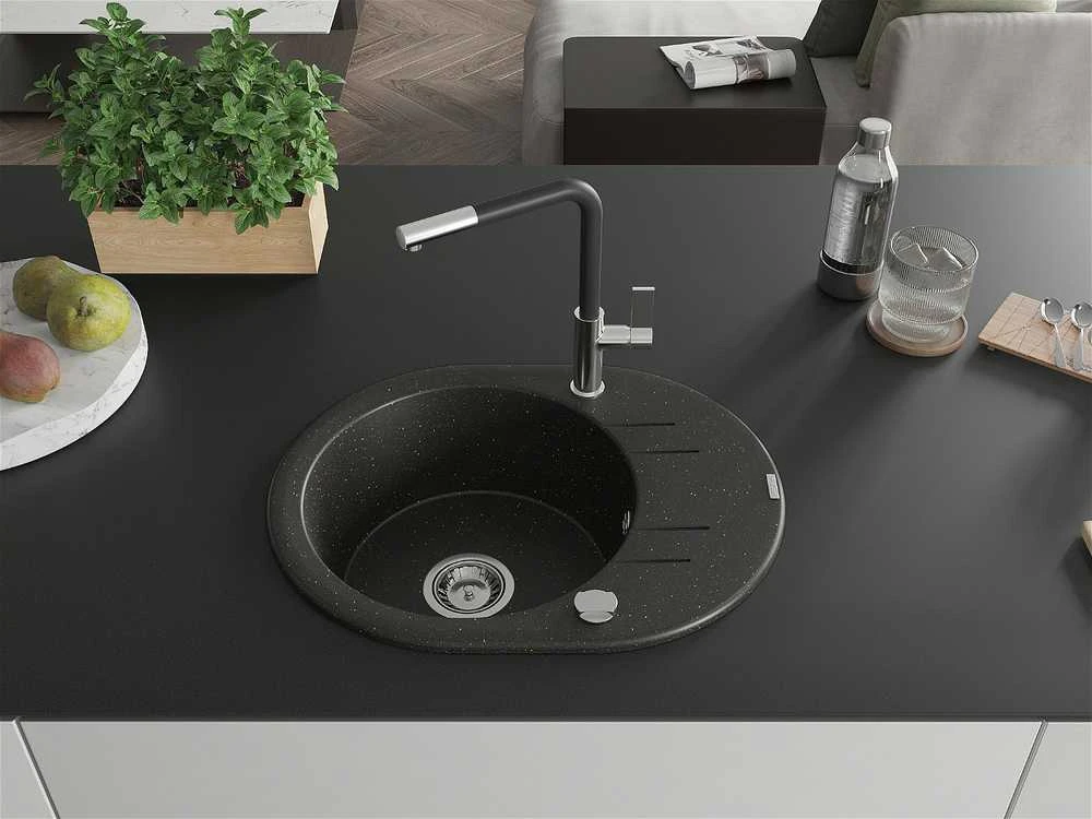 Granitinė virtuvinė plautuvė Mexen Kevin su maišytuvu ir sifonu, Metallic juodas/auksinis+Juodas/Chrome