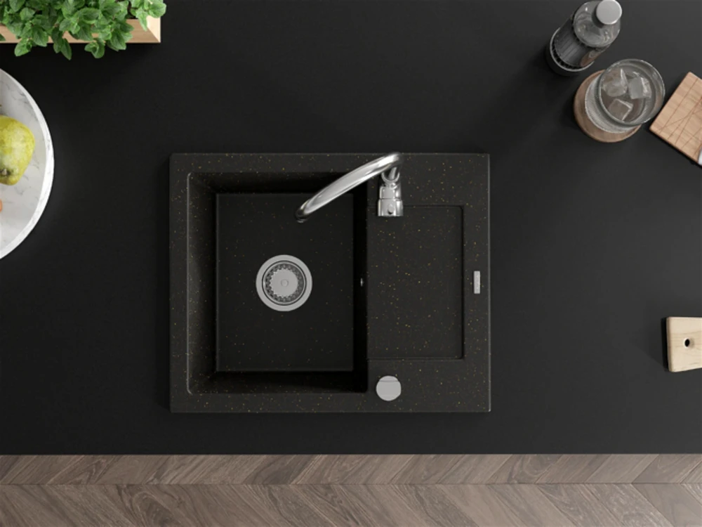 Granitinė virtuvinė plautuvė Mexen Enzo su maišytuvu ir sifonu, Metallic juodas/auksinis+Chrome
