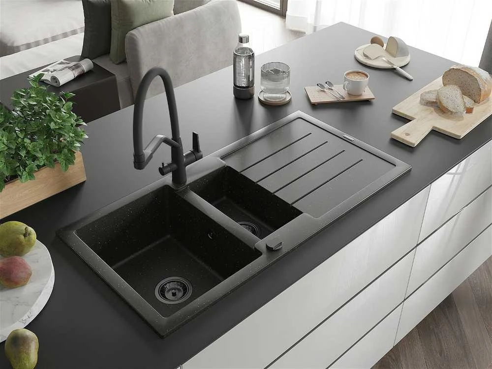 Granitinė virtuvinė plautuvė Mexen Andres su maišytuvu ir sifonu, Metallic juodas/auksinis+Juodas