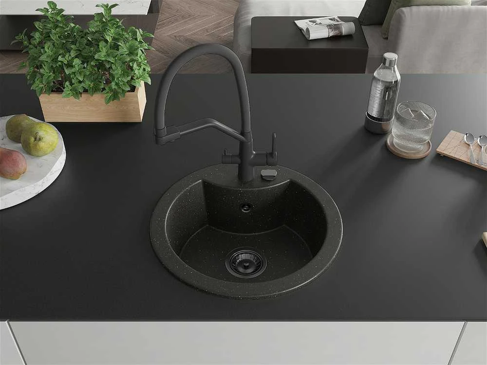 Granitinė virtuvinė plautuvė Mexen Diego su maišytuvu ir sifonu, Metallic juodas/auksinis+Juodas
