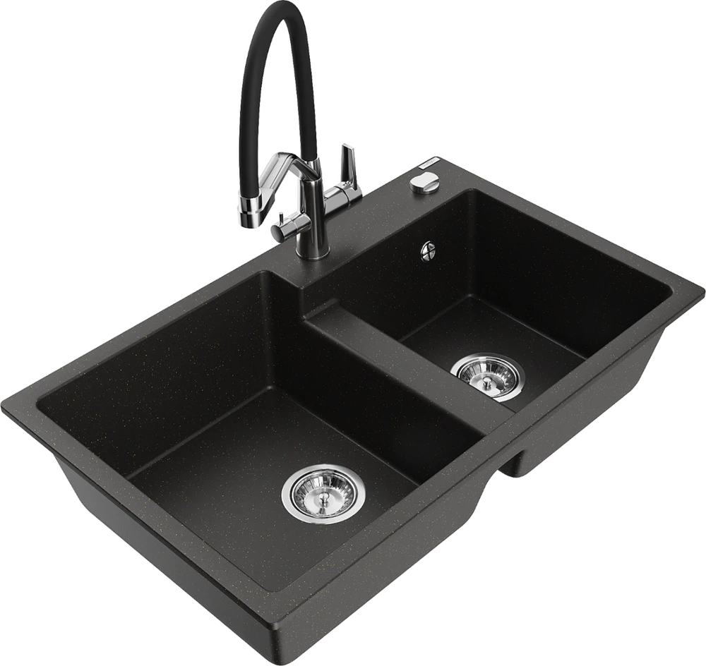 Granitinė virtuvinė plautuvė Mexen Tomas su maišytuvu ir sifonu, Metallic juodas/auksinis+Juodas/Chrome