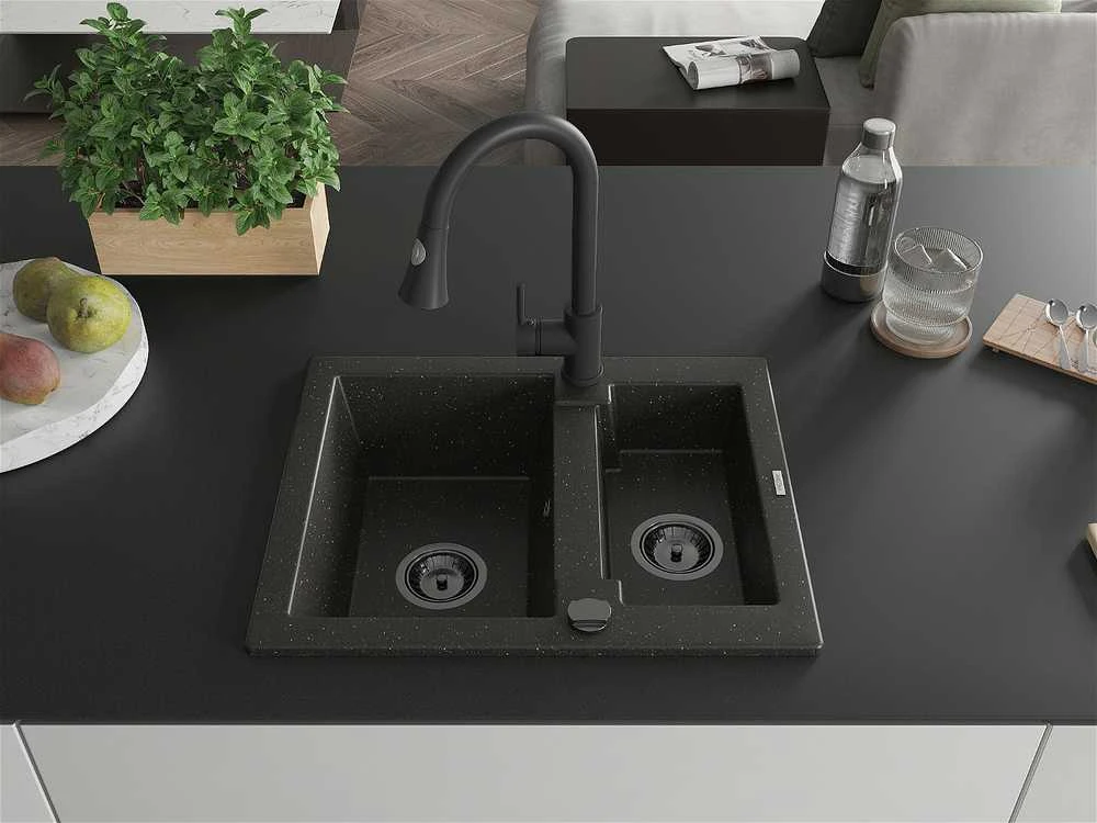 Granitinė virtuvinė plautuvė Mexen Carlos su maišytuvu ir sifonu, Metallic juodas/auksinis+Juodas