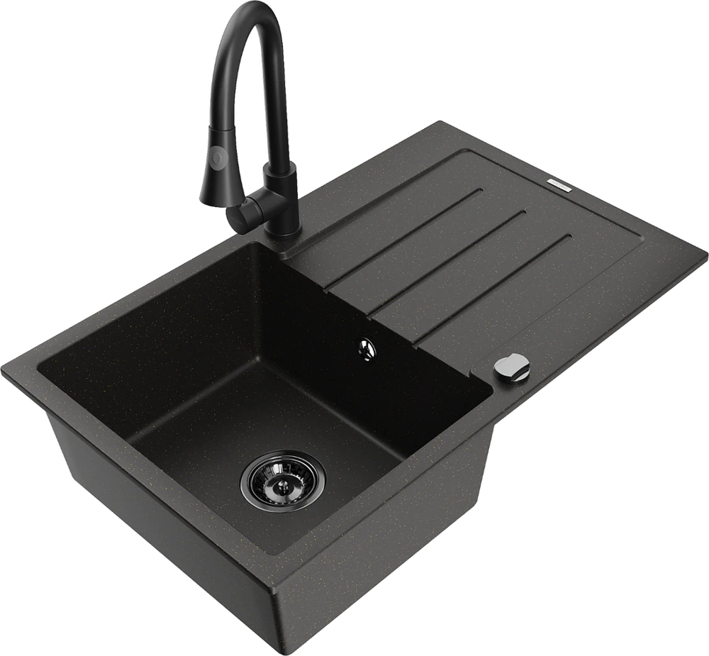Granitinė virtuvinė plautuvė Mexen Bruno su maišytuvu ir sifonu, Metallic juodas/auksinis+Juodas