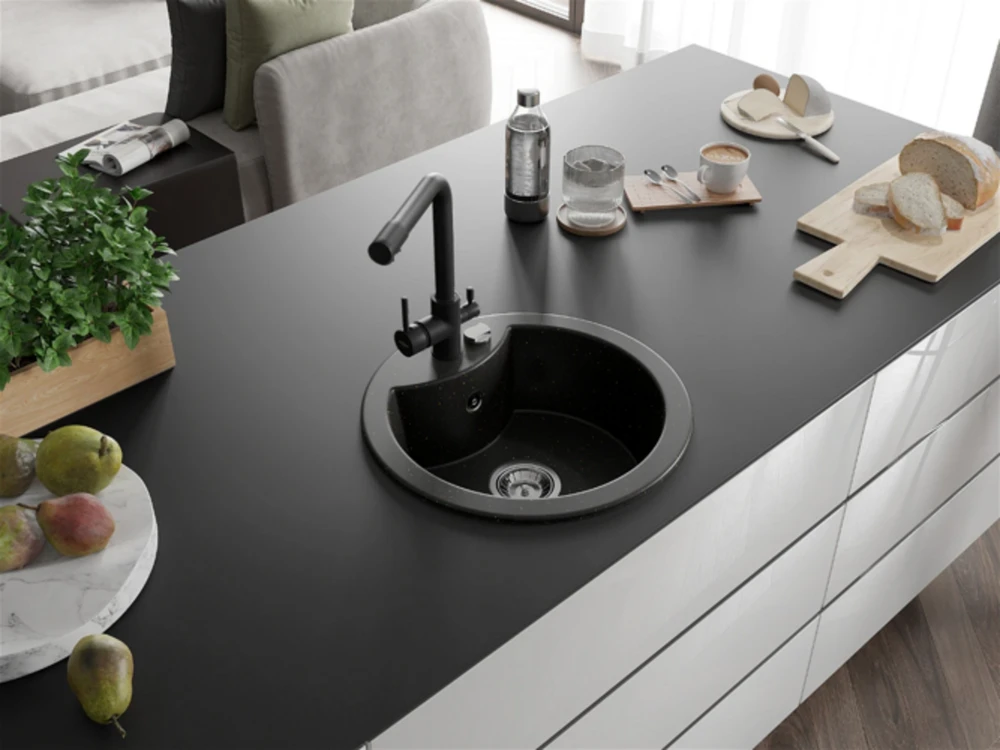 Granitinė virtuvinė plautuvė Mexen Diego su maišytuvu ir sifonu, Metallic juodas/auksinis+Juodas