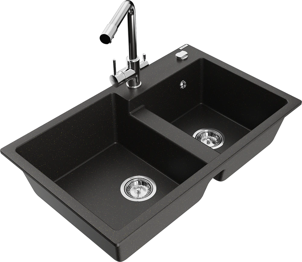 Granitinė virtuvinė plautuvė Mexen Tomas su maišytuvu ir sifonu, Metallic juodas/auksinis+Chrome