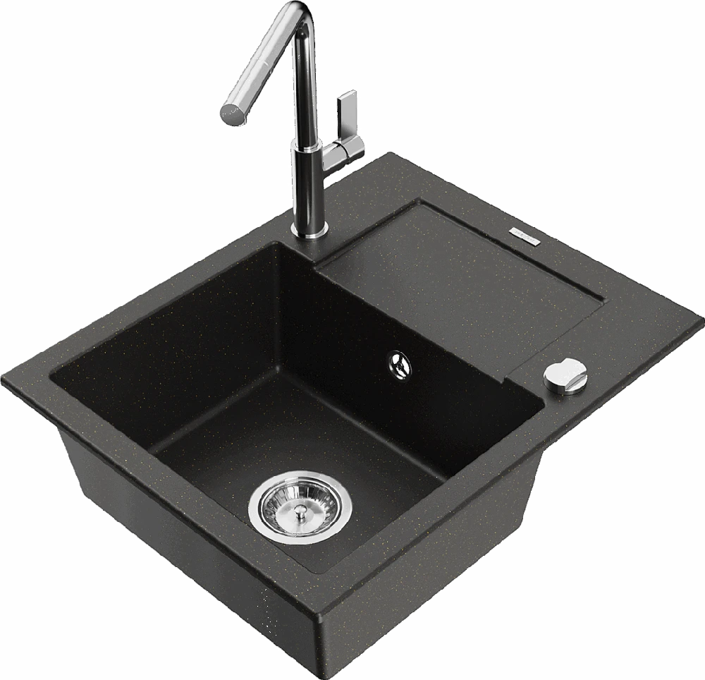 Granitinė virtuvinė plautuvė Mexen Enzo su maišytuvu ir sifonu, Metallic juodas/auksinis+Chrome