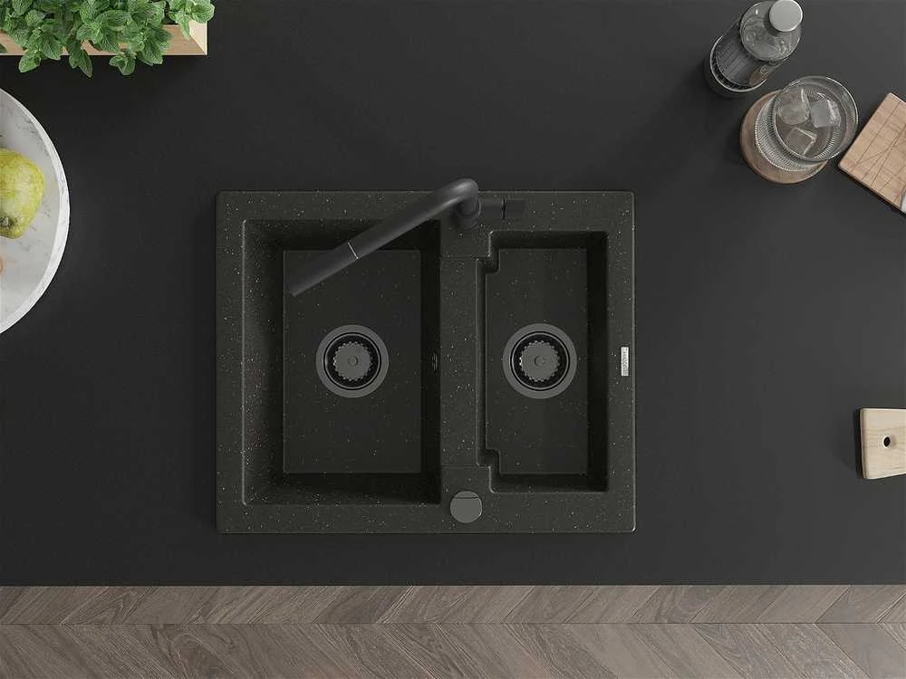 Granitinė virtuvinė plautuvė Mexen Carlos su maišytuvu ir sifonu, Metallic juodas/auksinis+Juodas
