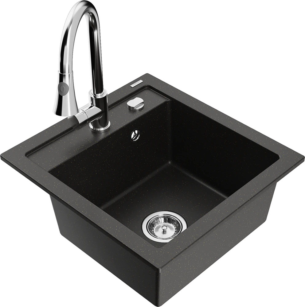 Granitinė virtuvinė plautuvė Mexen Vito su maišytuvu ir sifonu, Metallic juodas/auksinis+Chrome