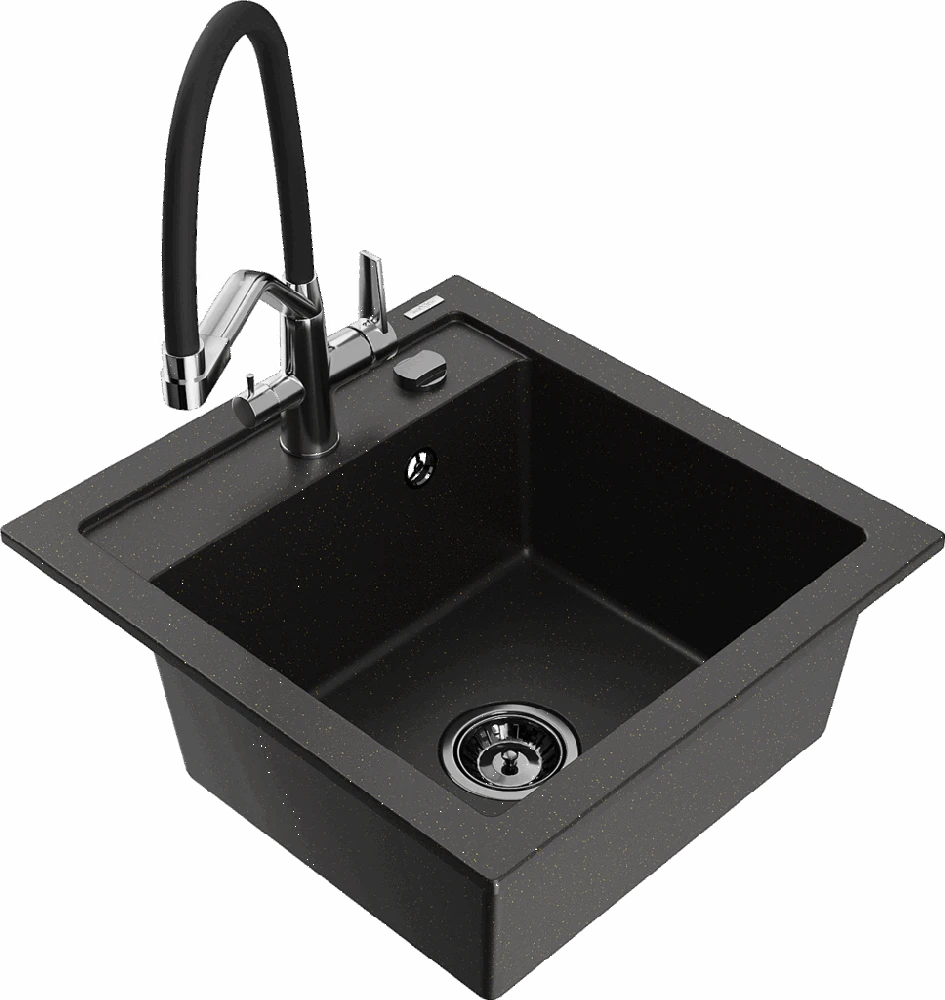 Granitinė virtuvinė plautuvė Mexen Vito su maišytuvu ir sifonu, Metallic juodas/auksinis+Juodas/Chrome