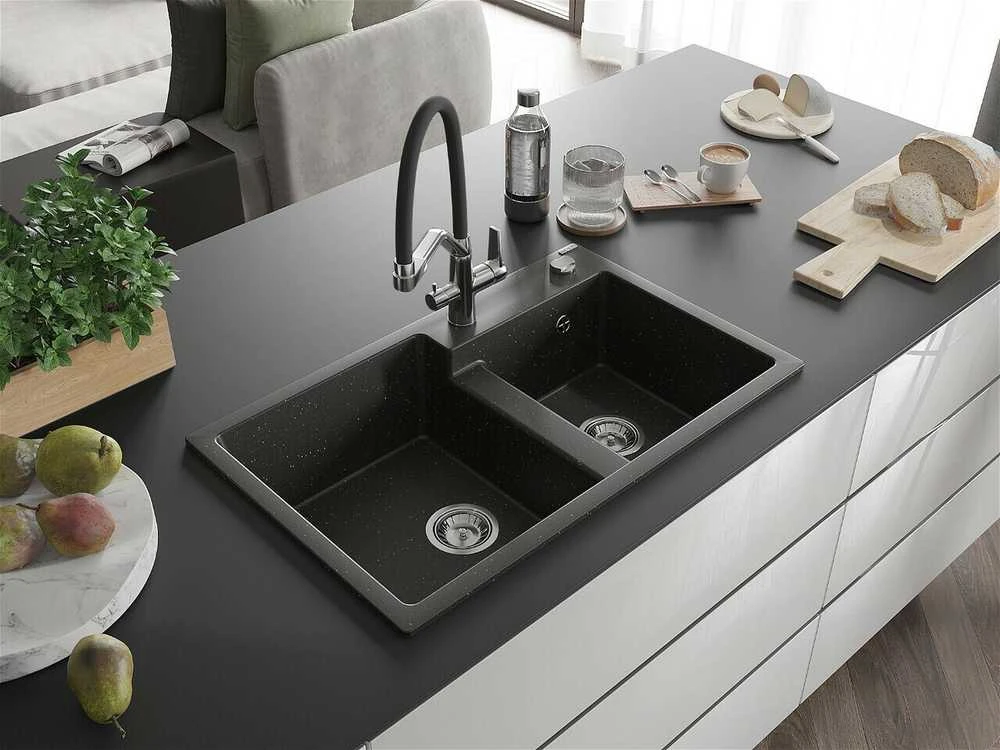 Granitinė virtuvinė plautuvė Mexen Tomas su maišytuvu ir sifonu, Metallic juodas/auksinis+Juodas/Chrome