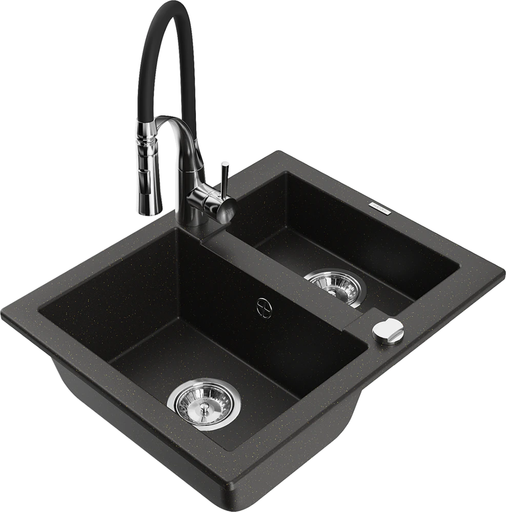 Granitinė virtuvinė plautuvė Mexen Carlos su maišytuvu ir sifonu, Metallic juodas/auksinis+Juodas/Chrome