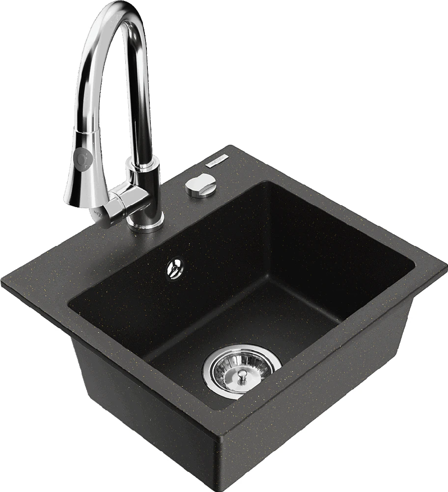 Granitinė virtuvinė plautuvė Mexen Milo su maišytuvu ir sifonu, Metallic juodas/auksinis+Chrome