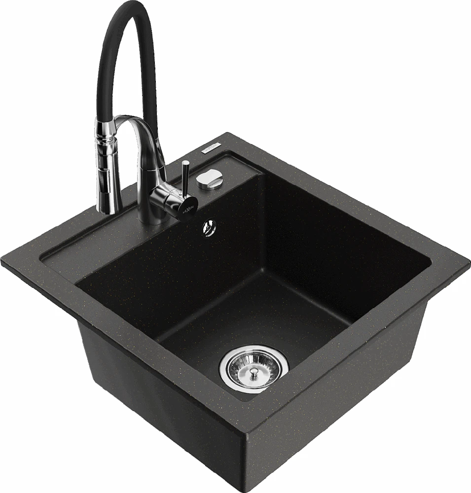 Granitinė virtuvinė plautuvė Mexen Vito su maišytuvu ir sifonu, Metallic juodas/auksinis+Juodas/Chrome