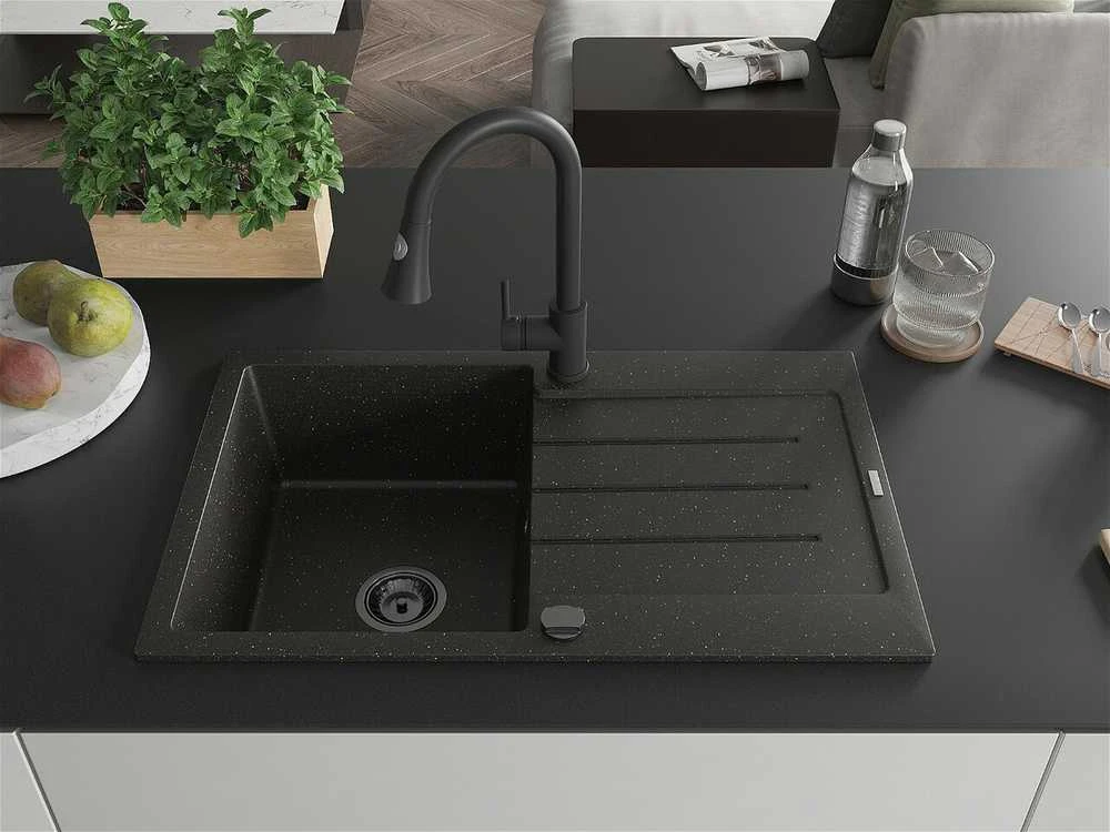 Granitinė virtuvinė plautuvė Mexen Bruno su maišytuvu ir sifonu, Metallic juodas/auksinis+Juodas