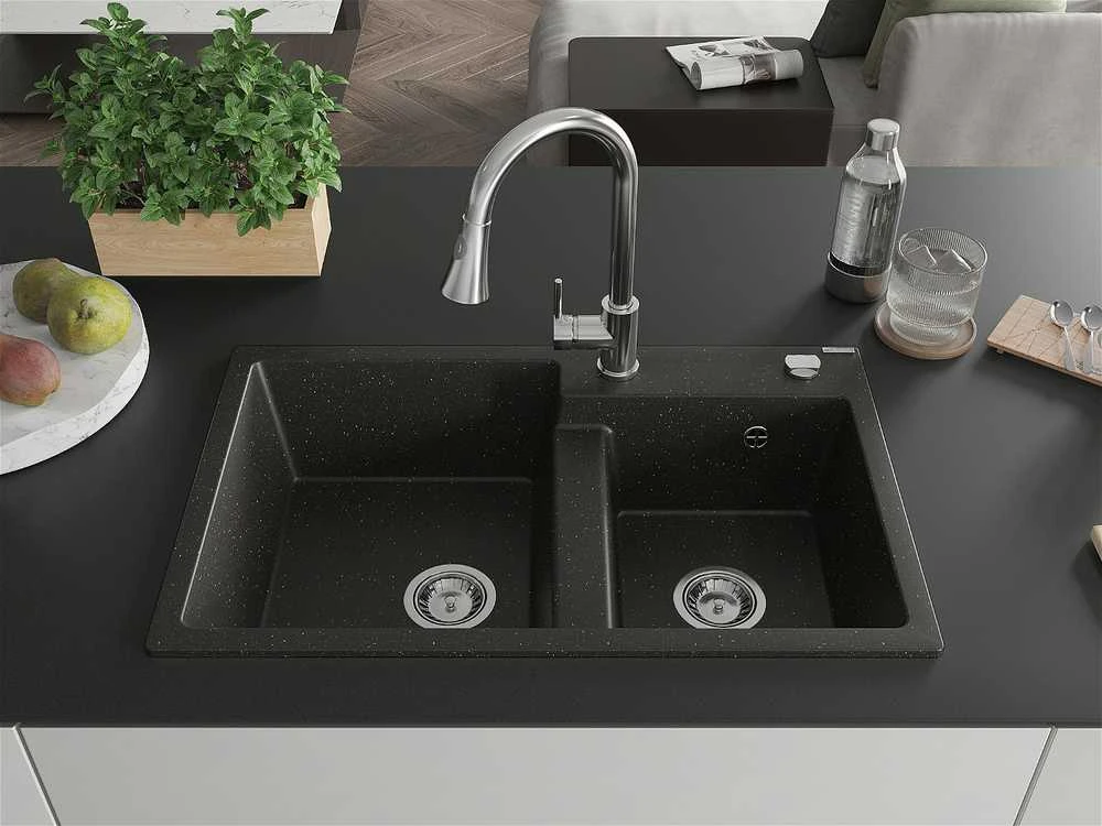 Granitinė virtuvinė plautuvė Mexen Tomas su maišytuvu ir sifonu, Metallic juodas/auksinis+Chrome